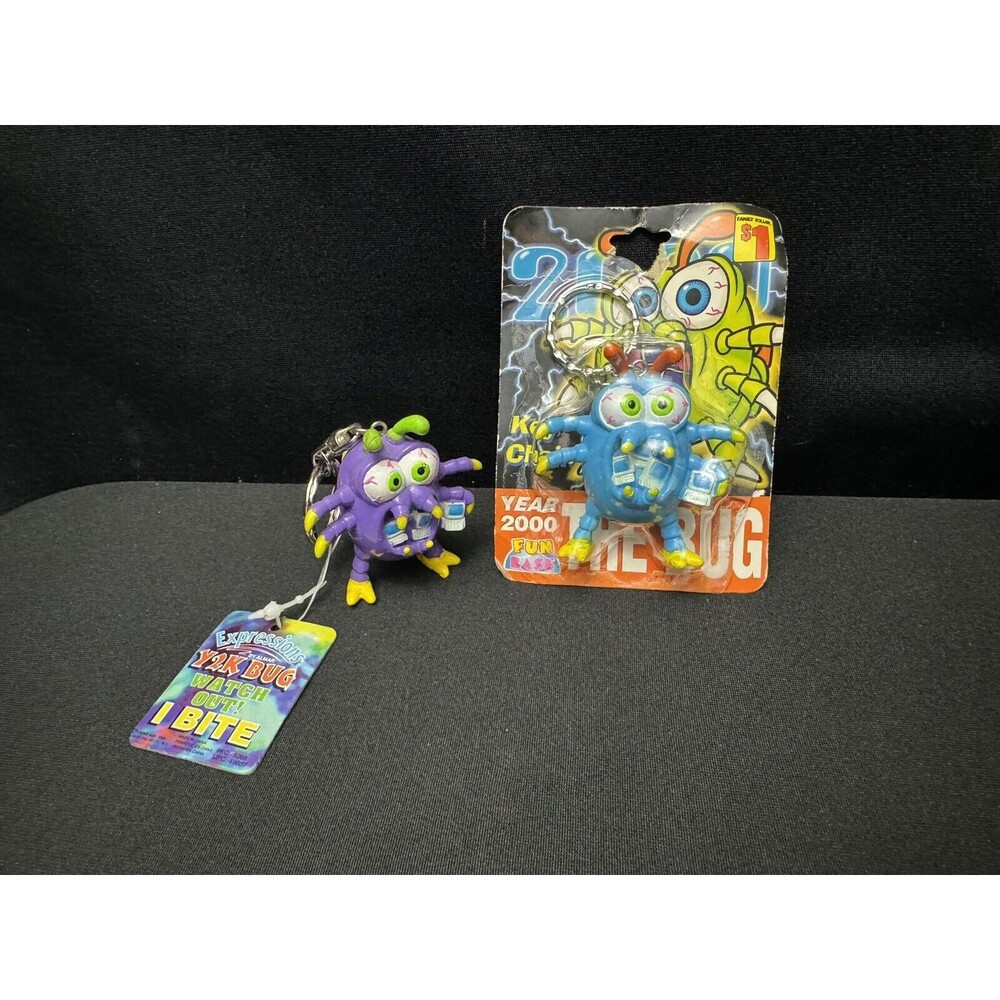 Vintage Y2K Bug Computer Virus Keychains NEW PVC Figures Blue + Purple